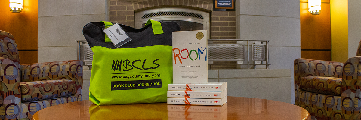 Book Club Connection image showing a BCLS Book Club Connection tote with several copies of the novel "Room"