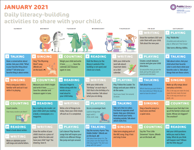 early literacy calendar sample page