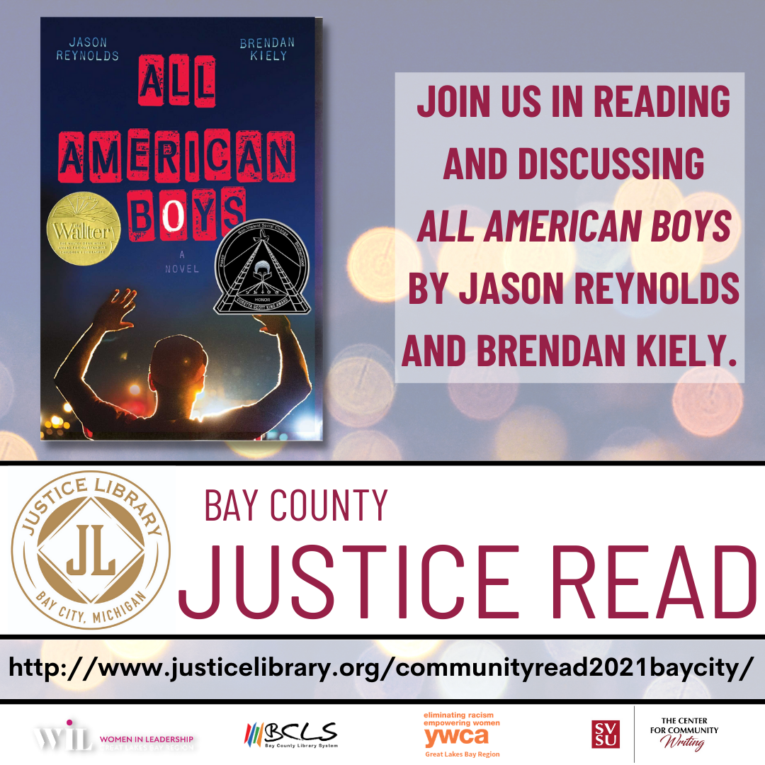 Join us in Reading and Discussing All American Boys by Jason Reynolds and Brendan Kieley with the Justice Read Logo and the Cover of the Book
