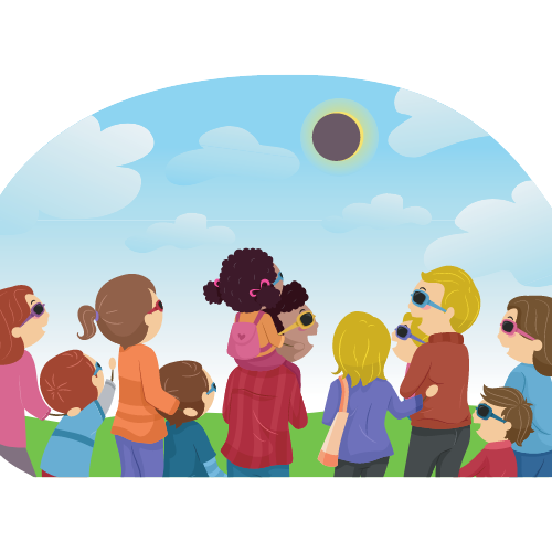 parents and children graphic watching the solar eclipse with their protective eyeglasses