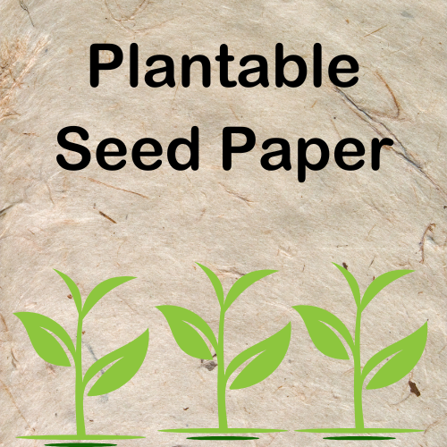 Paper background, three plant sprouts on the bottom, title "Plantable Seed Paper"
