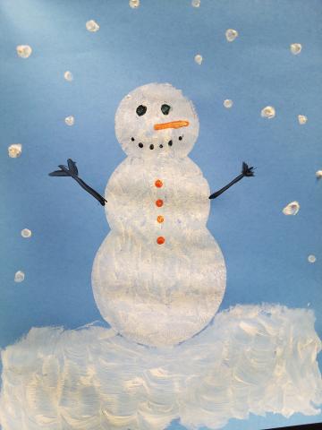 snowman painted on a piece of blue paper