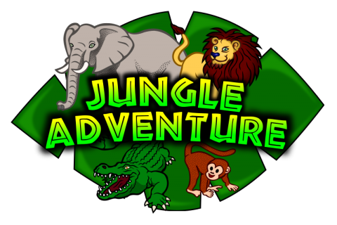 Jungle Adventure slogan on a green leaf background and jungle animals