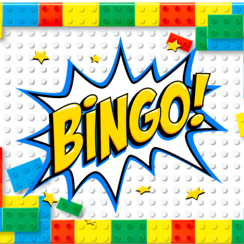 LEGO background with Bingo! in a superhero callout