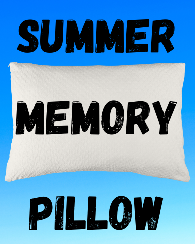 Blue background with a white pillow and the words Summer Memory Pillow