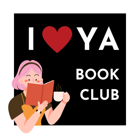 I Heart YA Book Club Text with graphic of purple haired girl reading and drinking tea