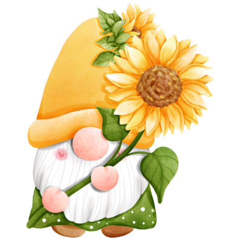 Gnome graphic - yellow hat, green outfit, white beard, holding a yellow sunflower