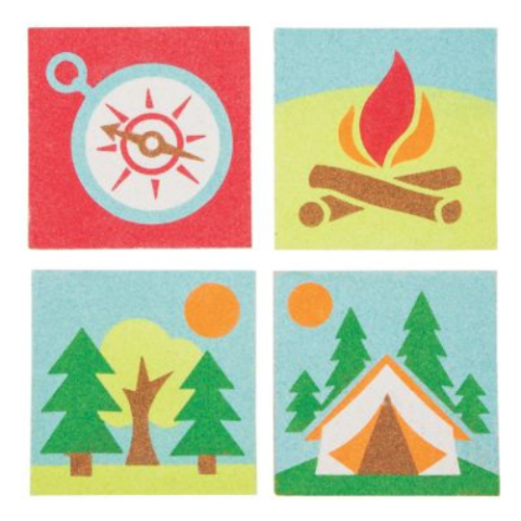 Examples of adventure sand art and include a compass, campfire, trees, and a tent with trees