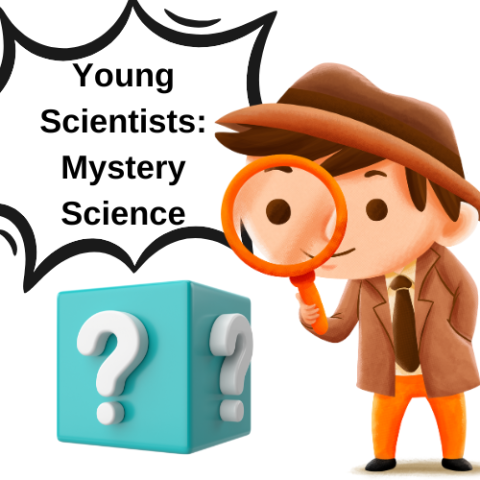 Child detective with magnify glass graphic and blue box with question mark graphic and the title Young Scientists: Mystery Science