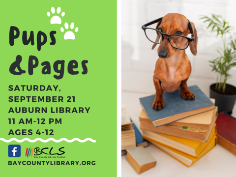 Pups and Pages Flyer with event details