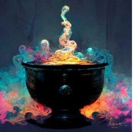 black cauldron against a colorful background