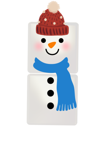 block snowman wearing blue scarf and red hat with black buttons