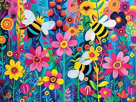 Busy Bee Garden 500 Piece Jigsaw Puzzle for Adults Illustrates a Colorful Display of Bees in The Garden