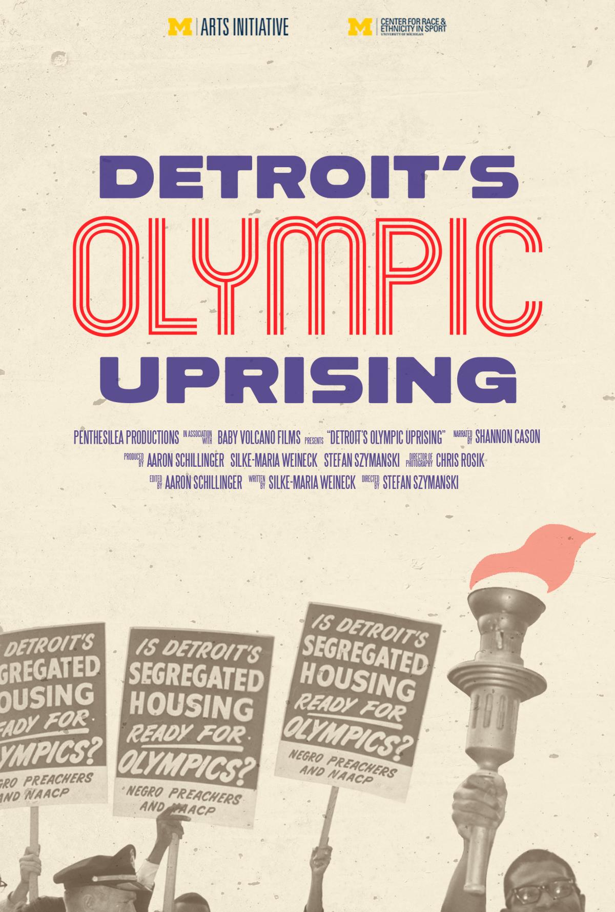 movie poster for Detroit's Olympic Uprising featuring protest signs and a torch held high by hands