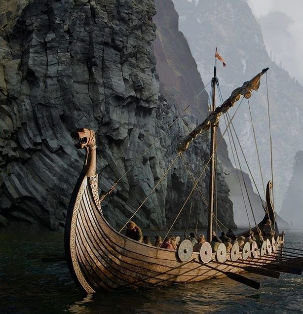 Viking ship on water near stone mountain